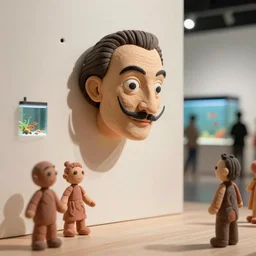 plasticine model of stop motion figures clay. salvador dali. minimal. tilt shift. fish tank. gallery. visitors. photorealistic. john craxton. small hole in wall