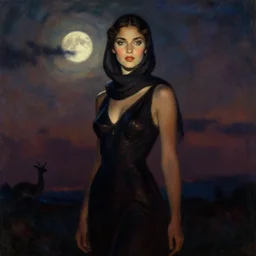 lush celestial twilight portrait in mysterious femininity, ethnic, clear eyes, statuesque, gazelle - like, confident realistic face, radiant skin, dark gown and scarf, svelte fashion design, silhouette, subtle highlights, bathed in moonlight, chiaroscuro, impressionism, deep rich hues, vintage 1 9 5 0 s illustration