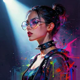 a cyberpunk girl wearing circular glasses, wearing a spiked choker, side portrait, defiant, passionate, spotlight, paint drips, glitching paint splatter, vibrant colors, dramatic, brush strokes, collage, futuristic clothing, digital painting, by marco paludet, by jeremy mann, by hannah hoch