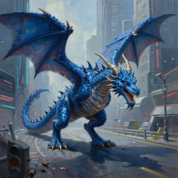 a blue dragon landing on a road in a cyberpunk city. by Daniel F. Gerhartz, hyperrealistic oil painting, 4k, studio lightning