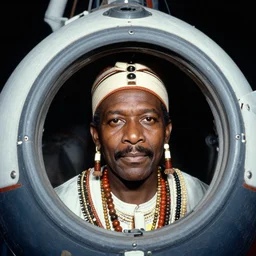 analogue photo of an African tribal chief inside the orbiter of a space shuttle, close-up, colour, photo shot by martha cooper, 35mm,