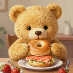 happy cute fuzzy golden teddy bear eating bagels and lox for breakfast, 3 d maurice sendak detailed realistic painting 4 k
