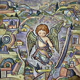 cute angel with epic landscape in the style of Raphael