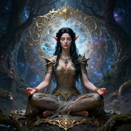 a liv tyler as dnd elf with black hair dress meditating in a nebula forest by greg rutkowski, high key lighting, volumetric light, digital art, highly detailed, fine detail, intricate, ornate, complex, octane render, unreal engine, photorealistic digital painting, artstation, concept art, sharp focus, art by greg rutkowski and alphonse mucha