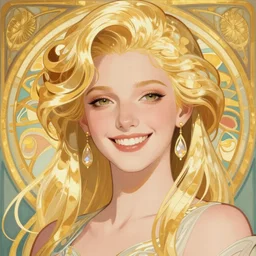 blonde, art nouveau, happy, portrait, colorful, smiling, bright, clever, flat colors. champagne, gold