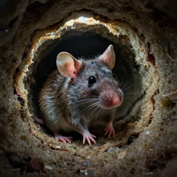 cinematic colorful horror artwork by artgerm, beksinski, mark brooks ; real life full portrait of ugly mouse resting inside wall insulation chamber. macro scale ; volumetric light perforating through wall cracks ; scary, 8 k hdr, creepy intricate dramatic lighting, insanely detailed, haunting