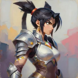 greg manchess portrait painting of partially armored ahri from league of legends as overwatch character, medium shot, asymmetrical, profile picture, organic painting, sunny day, matte painting, bold shapes, hard edges, street art, trending on artstation, by huang guangjian, gil elvgren, ruan jia, randy vargas, greg rutkowski