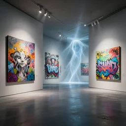 interior futuristic art gallery wide angle highly detailed by ricardo boffil, wall hanging paintings of grafitti art by saturno butto and wlod, ( ( ethereal ghost ) ) captivating 8 k hdr, octane render godrays