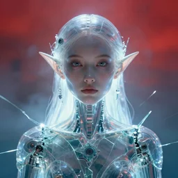 symmetry detailed closeup portrait of a transparent cyborg girl druid, shattered glass, cinematic light, backlight glow, red sky blue, misty, by mikhail vrubel, by philippe druillet, by peter elson, by gerald brom, muted colors, ( ( extreme detail ) ), trending on artstation, 8 k
