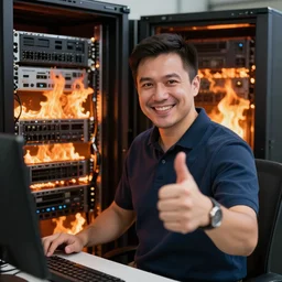 a smiling system administrator doing a thumb up to the camera in front of burning servers in flames in the background