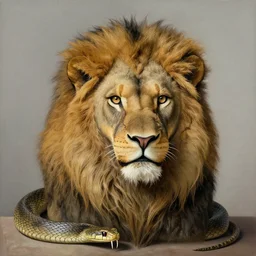 a snake snake disguised as a lion head neck neck head mane tall long viper teeth head eyes giorgio de chirico peter doig greg rutkowski lucian freud arsen savadov dan witz vik muniz