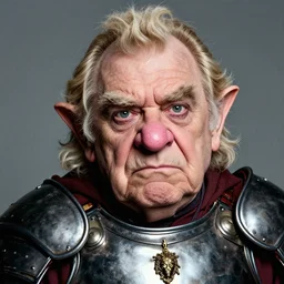 annie leibovitz photoshoot of david letterman tired looking elderly dwarf warrior, bushy eyebrows, huge pink nose, hairy ears, wearing armor, rick baker makeup, 8 k