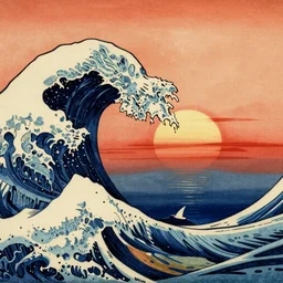 sunset over the ocean Japanese woodblock style hokusai