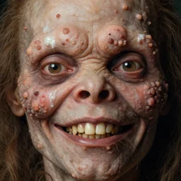 close up portrait of a mutant monster creature with cheeks covered in purulent pustules, pimples at different stages, some fresh, some bursting with a whitish fluid ; pleasant, flirty eyes ; teeth lining up the exterior of the mandible, long hair growing out of the nostrils. jan van eyck, walton ford