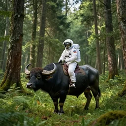 american astronaut in the forest riding a buffalo, objects well lit, plants environment, wide angle, cinematic lighting, atmospheric, realistic, octane render, highly detailed, color graded, in the style of craig mullins