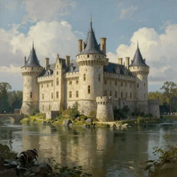 a beautiful painting of a castle surrounded by a moat, cinematic angle, movie concept, trending on artstation, octane render, 8 k, ultra high detail