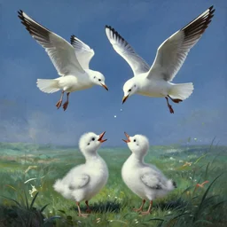independent picture scenery artwork in style by robert svebeck and haruki marakami, rendering of seagulls babies learning to fly, singing on a mystical field, dramatic sky, matte painting, trending on artstation and unreal engine