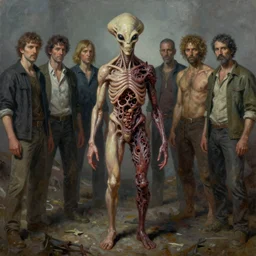 oil paint of flayed amputee alien bicornate fungal pit, rotting, by alberto bontempi, alex ross, shigeru komatsuzaki, wayne d barlowe, alex ross, stefano tamburini, simon bisley & boris vallejo, enric torres, hyper realism, narrative light, muted colors, epic, hyper detailed, awe inspiring, award winning horror