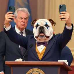 a president with bulldog mouth and clown makeup taking a selfie in a podium next to an angry first minister
