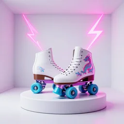 a drawing of a pair of white retro! roller skates with dragon embroidery and cyan wheels on a pedestal!! in an empty white room, trending on artstation, carpenter brut, synthwave, pink lightning, neon!! light