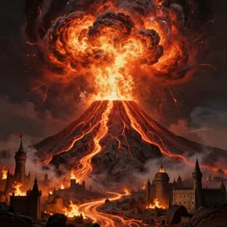 baroque painting of humongous volcano exploding, lava everywhere, burning kingdoms, hyperdetailed, artstation, cgsociety, 8 k