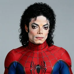 michael jackson 2 0 0 9 style with curls wears spider - man body suit in photography studio. hyper realistic face, uhd, detailed nikon d 8 5 0. sigma 8 5 mm f 1. 4 dg hsm a. aperture f / 3. 5. shutter speed 1 / 6 0. iso 1 6 0 0