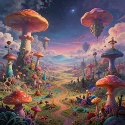 a view of a surreal alien variated planetary fractal landscape with gigantic and small exotic fungus of varying vibrant colors and sizes scattered across the vast landscapes, surreal clouds, floating islands, 4 k, retro, detailed, vibrant, weird skies, extradimensional, stars, trending on artstation