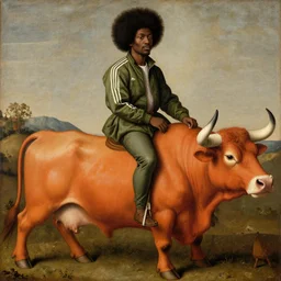 photograph of a black man with afro hair wearing an army green adidas jacket and detailed face, riding an orange colored detailed anotamically correct bull!!!!, renaissance style painting