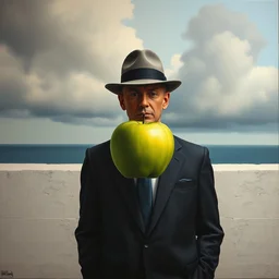 a surreal oil painting painting of the front on view of a man in a business suit and bowler hat standing in front of a short wall, a green apple is floating directly in front of his face, grey clouds and calm ocean are behind him, by beksinski