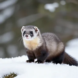 Nature photo of a gray ferret in a snowy forest, dslr