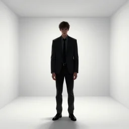 aesthetic digital illustration of a solitary handsome young psycho standing in an empty white room by brian bolland, rachel birkett, alex ross, and neal adams | sinister, dangerous, character concept, concept art, unreal engine, finalrender, centered, deviantart, artgerm