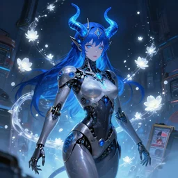 detailed, sharp, dreaming humanoid female automata with glowing blue horns wearing gothic ornament surrounded by glowing white flowers floating above a dystopia by Ilya Kuvshinov and Anna Dittmann and studio ghibli and WLOP and Rossdraws, digital art, surreal, trending on artstation, anime arts, featured on Pixiv, blue lighting, HD, 8K, highly detailed, good lighting, beautiful, epic, masterpiece