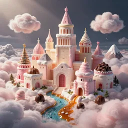 fabulous city made of candy, clouds made of cotton candy, buildings made of marshmallows, rivers made of caramel, mountains made of truffles, cartoon, digital art