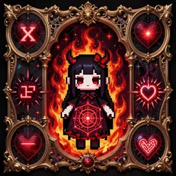 baroque bedazzled gothic royalty frames surrounding a pixelsort emo demonic horrorcore japanese yokai doll, low quality sharpened graphics, remastered chromatic aberration spiked korean bloodmoon sigil stars draincore, gothic demon hellfire hexed witchcore aesthetic, dark vhs gothic hearts, neon glyphs spiked with red maroon glitter breakcore art by guro manga artist shintaro kago