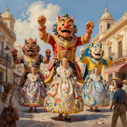 a beautiful painting of a carnival with enormous fallas monsters in the streets of valencia by conor harrington, realistic colors