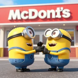minions fighting outside of a mcdonalds