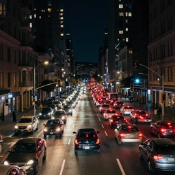 traffic jam in san francisco at night, traffic lights, high buildings, architecture, cars, reflections, cinematic, jeremy mann, craig mullins, greg rutkowski, artstation