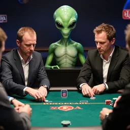 An alien playing poker with daniel negreanu, highly detailed