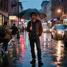 oscar isaac on a rainy night on the lower east side by annie leibovitz, raining!!!, colorful!!, nighttime!!,