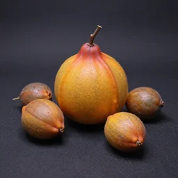 Photograph of otherworldly fruit on the ground, vibrant, studio, f/4.5, 50 mm, 1/100 sec, ISO-250
