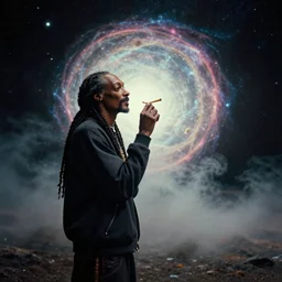 a dramatic photograph of snoop dog smoking a joint in an infinite universe while contemplating a magical portal to the beyond, ground haze, dramatic lighting, filmic, cinematographic