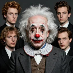 grotesque albert einstein as clown, by rutkowski and giuseppe arcimboldo, james jean and erik jones and rhads, ultradetailed, photorealistic details, full frame, trending artstation