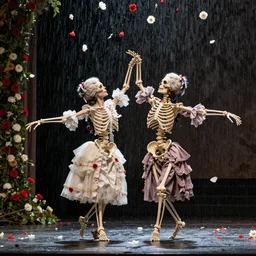 two female skeletons dancing on stage while it rains flowers everywhere, red and white flowers, Baroque