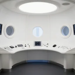 TARDIS console, interior, roundels, white walls