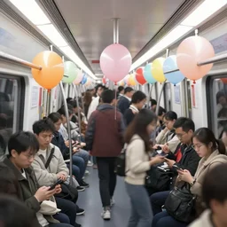 a crowded subway with balloons, matte painting