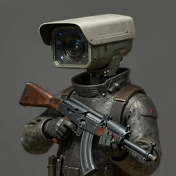 a portrait of an anthropomorphic surveillance camera holding an ak 4 7, cyberpunk!, fantasy, elegant, digital painting, artstation, concept art, matte, sharp focus, illustration, art by josan gonzalez