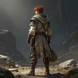 an intricate concept art of a explorer nomad man standing wearing a cloak and a bag, full body shot, back - view, anime style, global illumination, digital art, photorealistic movie still, style ivan talavera and artgerm, hyper realistic, photorealistic, octane render, trending on artstation, cgsociety, cinematic light 8 k