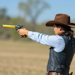 cowboy shooting a gun but the gun is a bright yellow banana