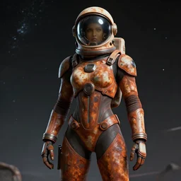 beautiful hourglass feminine rusted cyborg in full body skin space suit, helmet, concept art, joshua rife, photoshoot, intricate, highlydetailed, space background, artstation 4 k raytracing, shadows, highlights, illumination