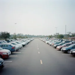 Beatiful liminal Fuzzy Photograph of an infinite never-ending parking lot filled with cars, low angle